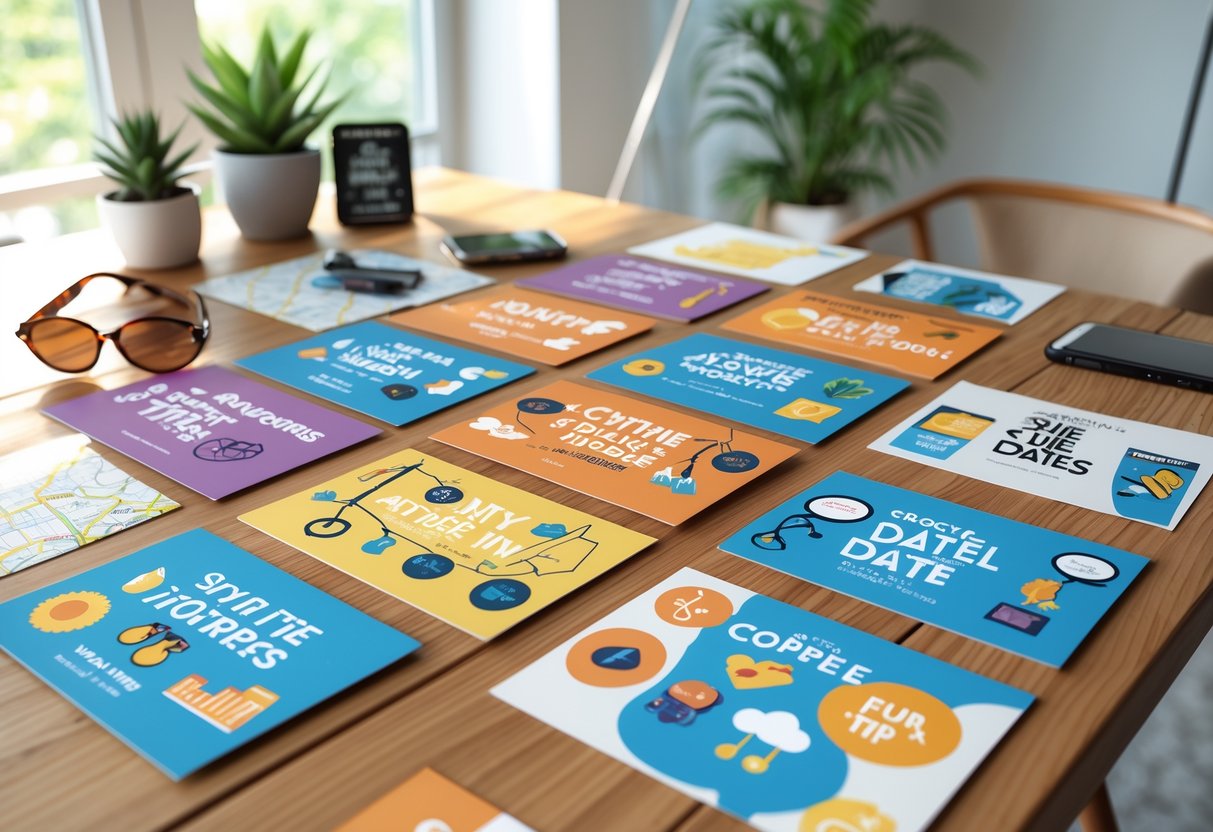 A collection of colorful date idea cards arranged on a wooden table with a map, sunglasses, smartphone, and a small plant nearby.