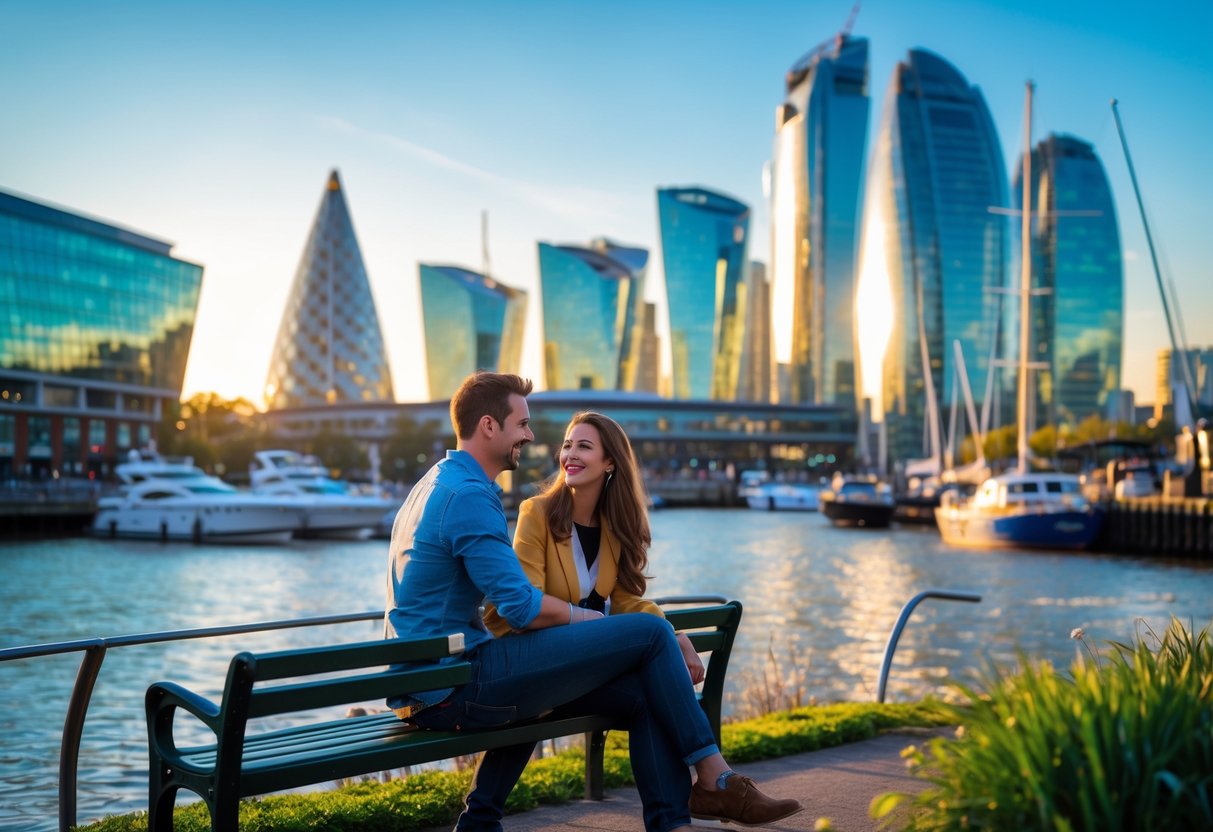 A couple sitting by the water in Canary Wharf with tall buildings in the background during sunset.