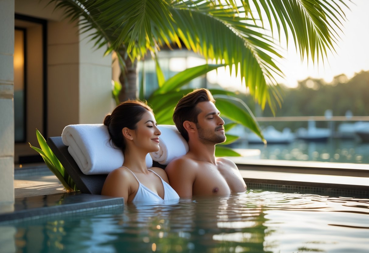 A couple relaxing together in an outdoor spa surrounded by tropical plants and water at Crystalbrook Waterfront.
