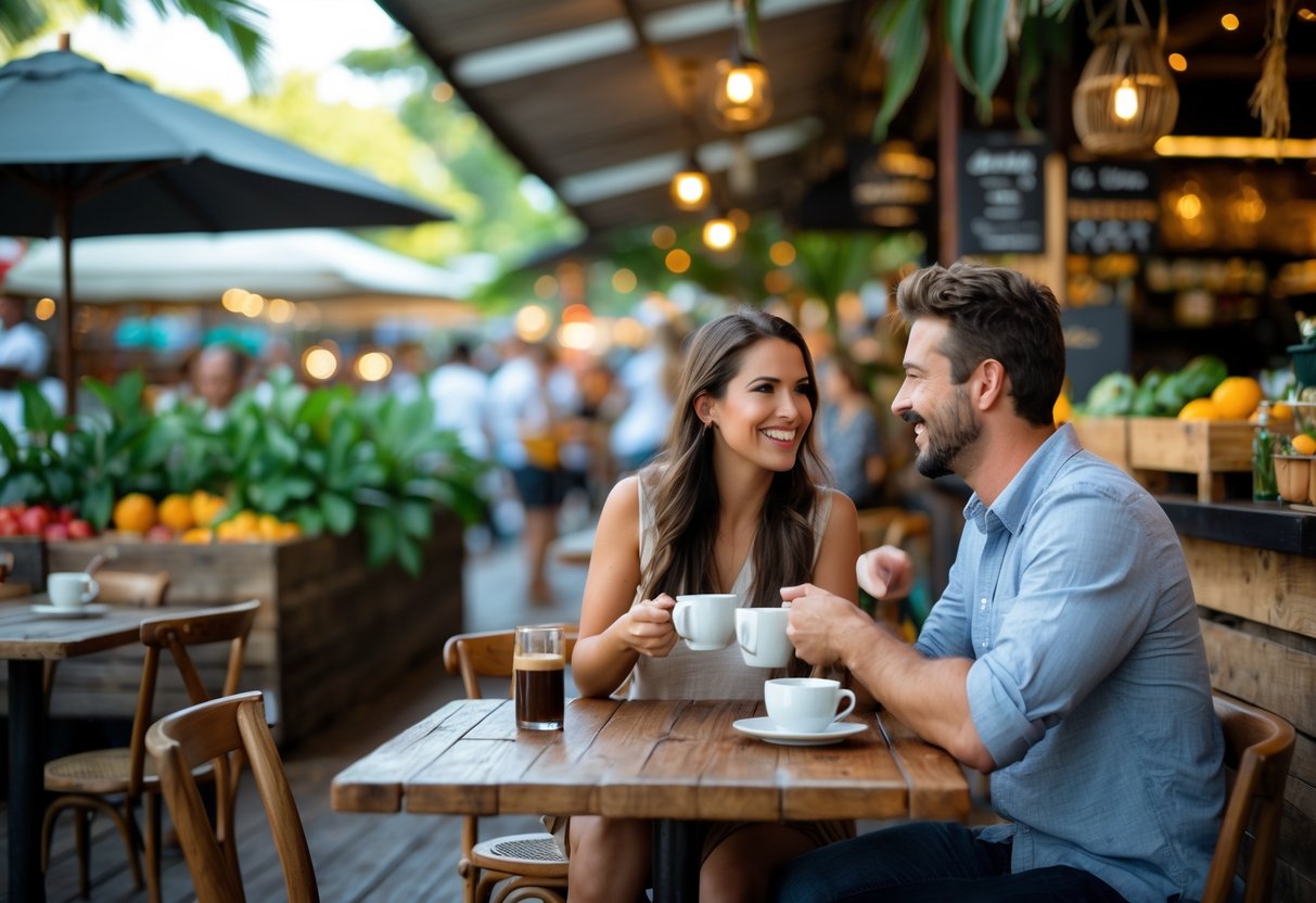 A young couple enjoying coffee together at an outdoor market cafe surrounded by tropical plants.