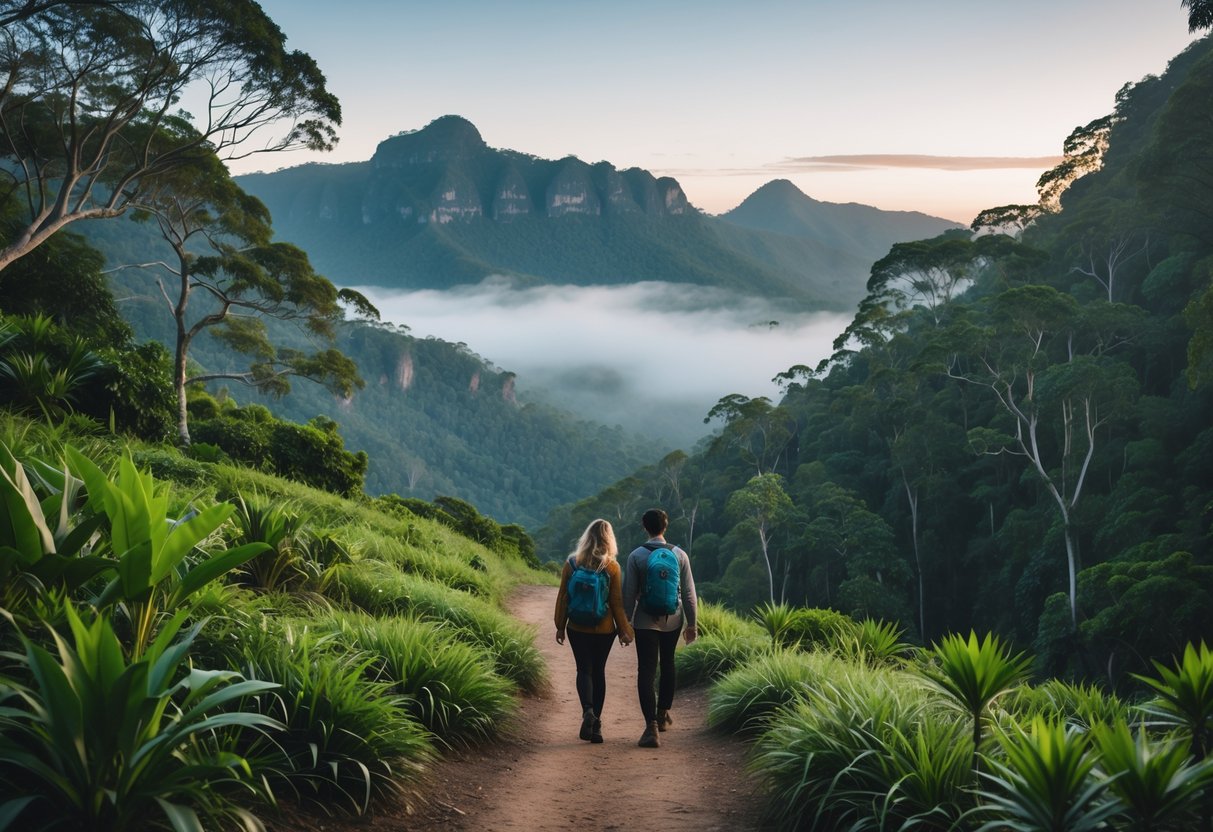 A couple hiking hand-in-hand on a misty mountain trail surrounded by dense tropical rainforest near Cairns.