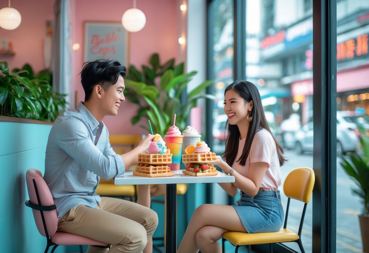 A young couple enjoying bubble tea and desserts together at a bright cafe table near a window.