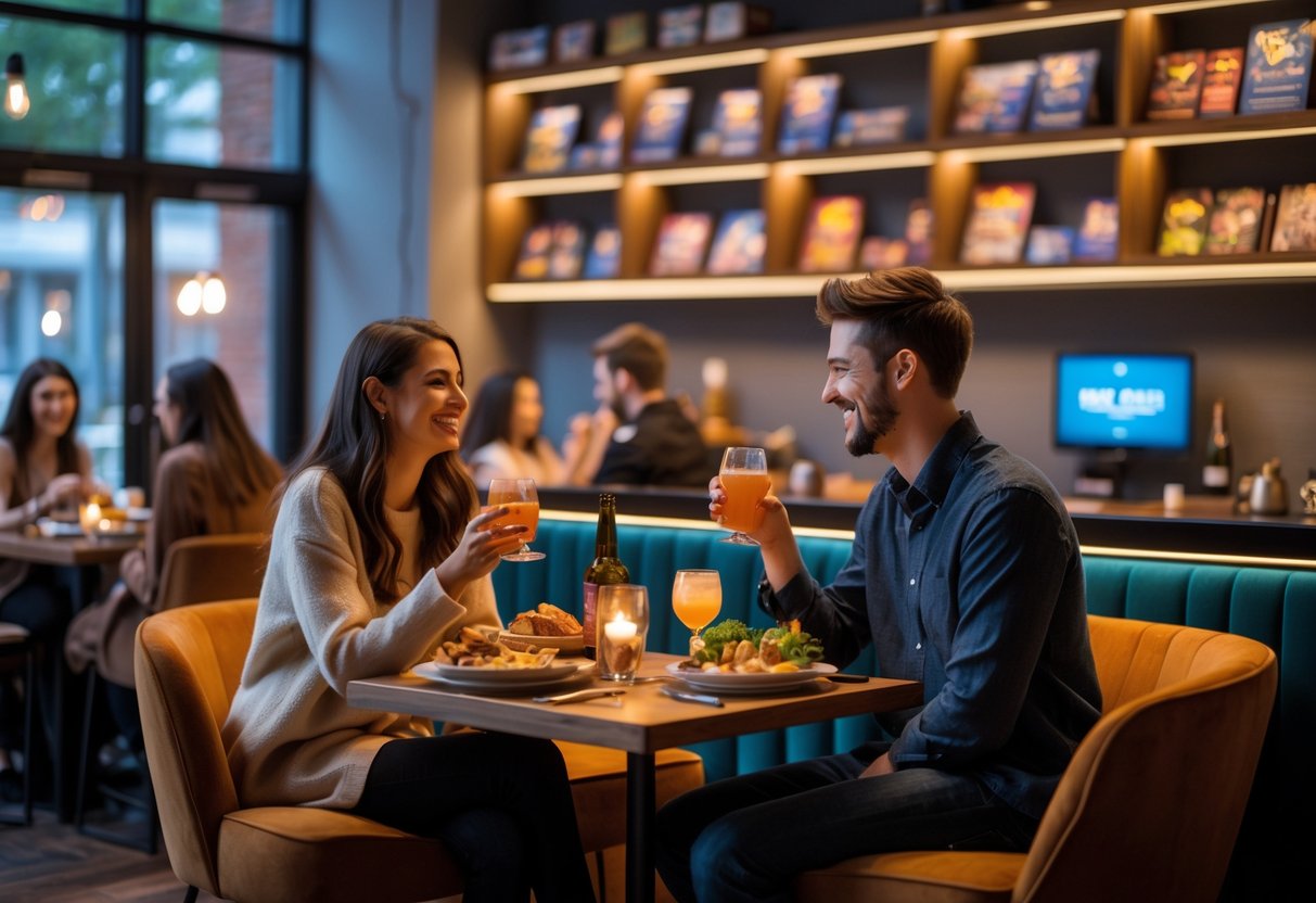A young couple having dinner at a table while friends play board games in the background inside a cozy venue.