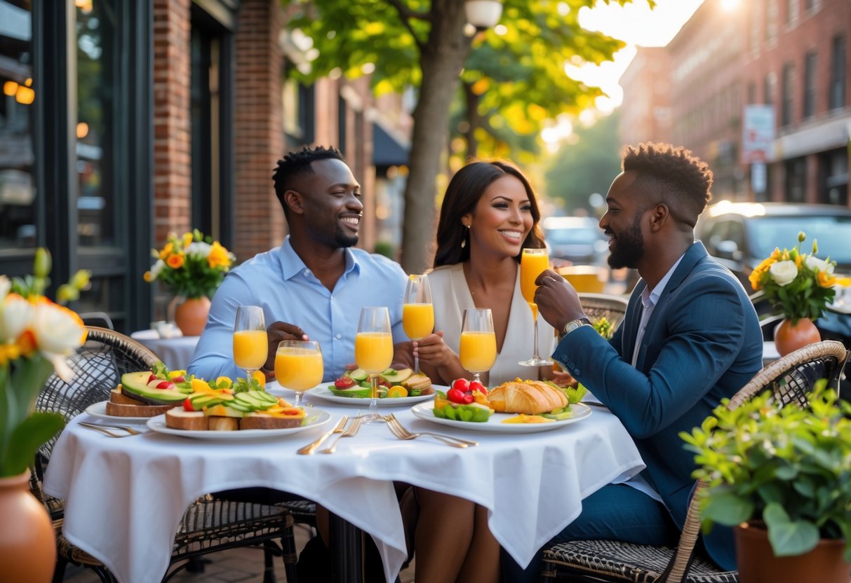 A couple enjoying brunch together at an outdoor cafe with plates of food and drinks on the table in a sunny urban setting.