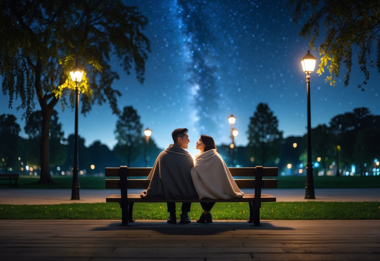 A married couple sitting on a bench in a quiet park at night, looking up at the stars.
