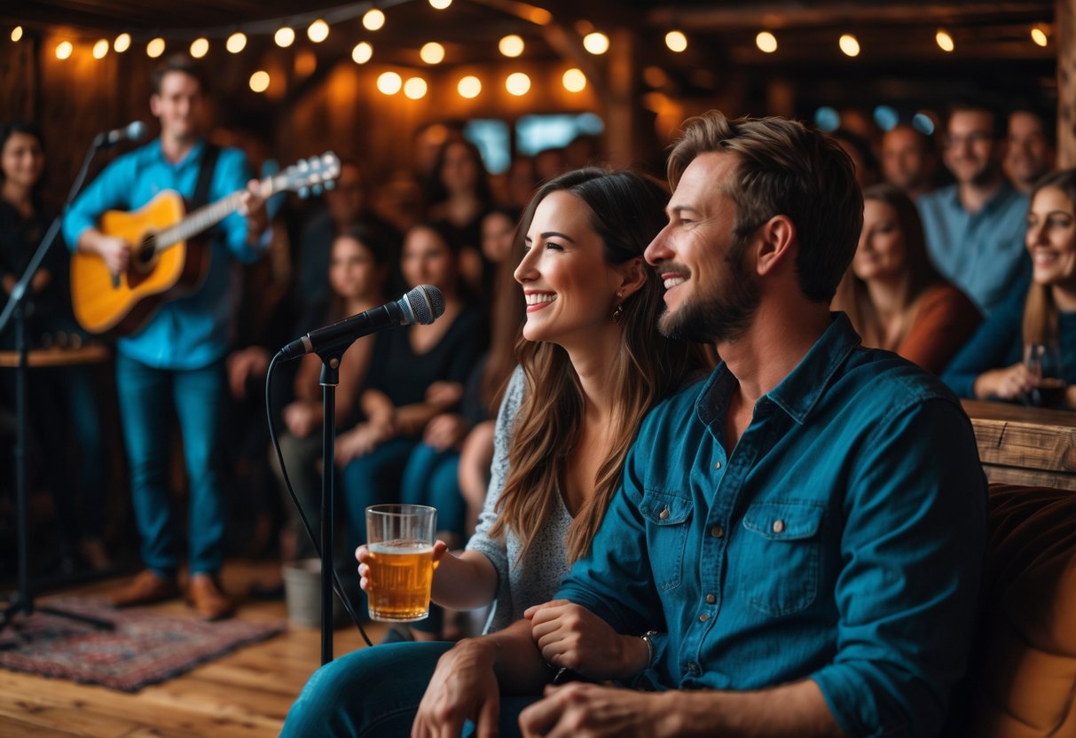 A married couple enjoying a live music concert in a cozy venue, watching a musician perform on stage.