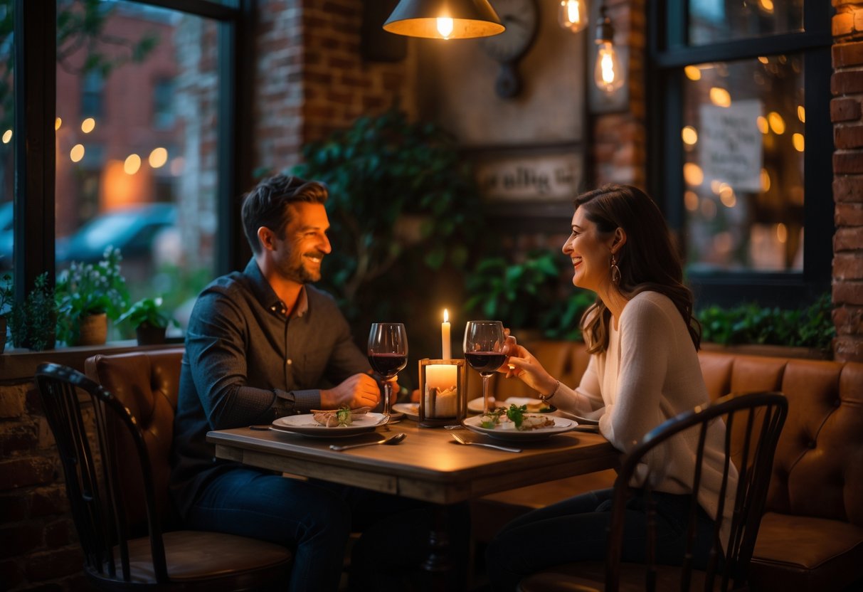 A couple enjoying a candlelit dinner at a cozy restaurant with warm lighting and rustic decor.