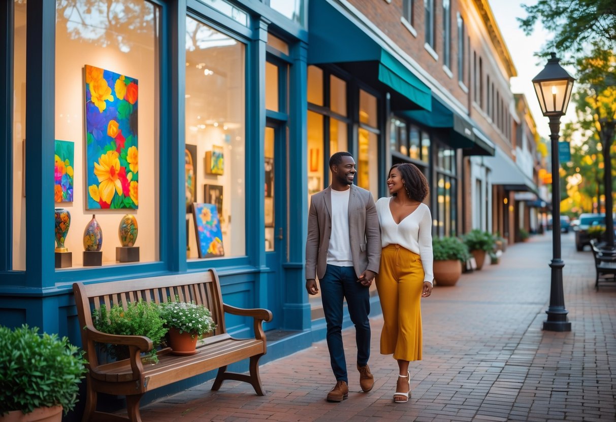 A couple walking hand-in-hand past an art gallery on a lively pedestrian street lined with shops and trees.