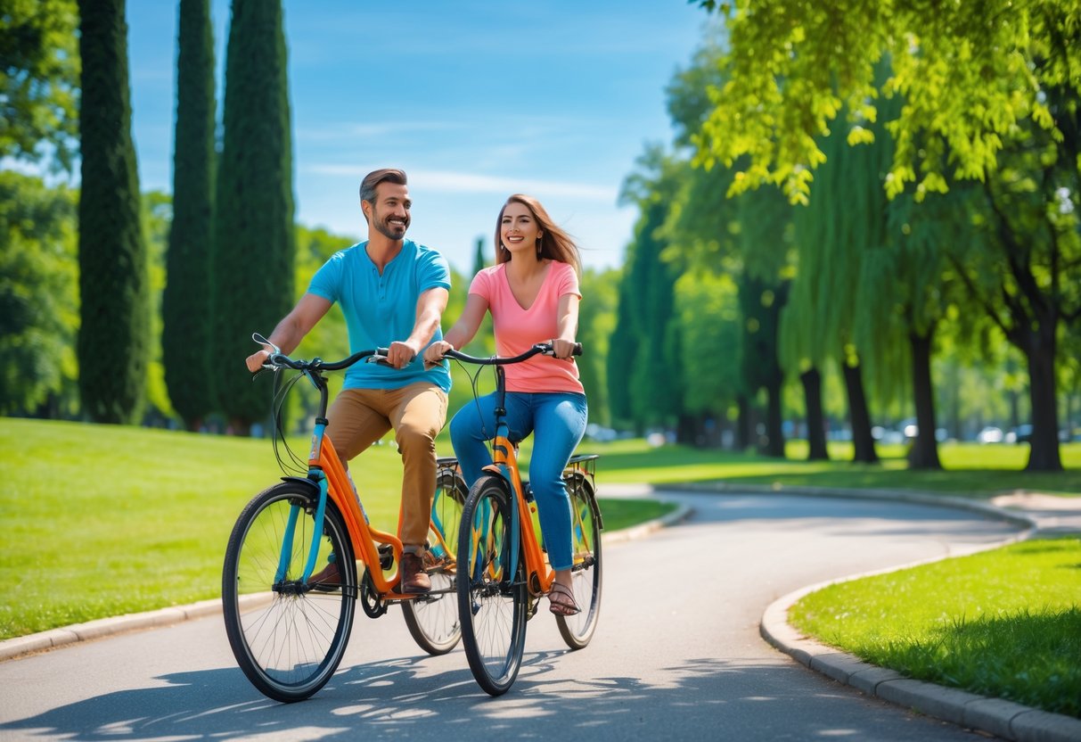 A couple smiling and preparing to ride a tandem bike near a green park with trees and a pathway.