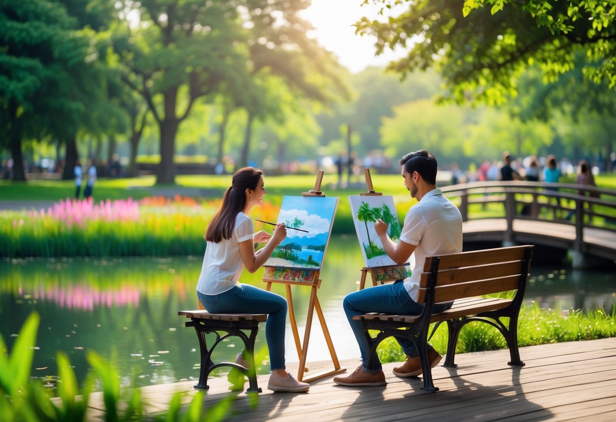 A couple sitting on a bench in a park, painting and sketching together near a pond surrounded by trees and flowers.