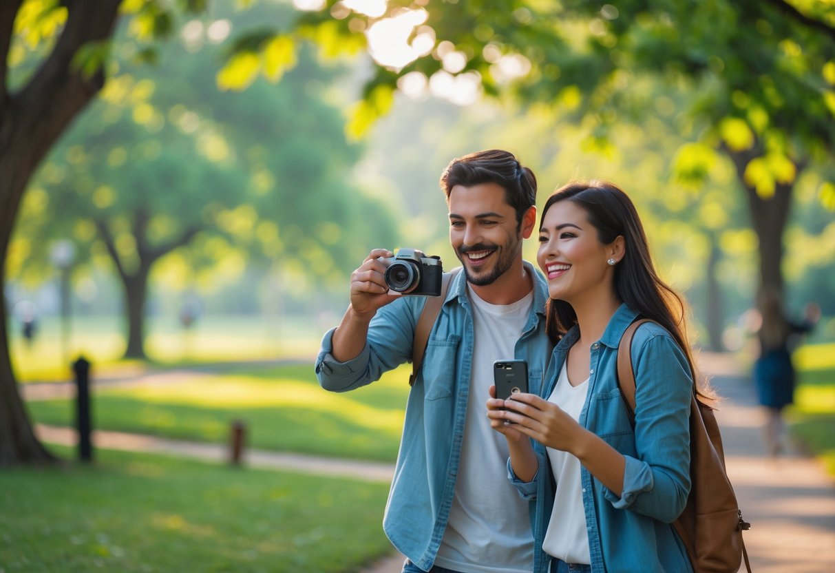 A smiling couple taking photos together near a green park with trees and walking paths.