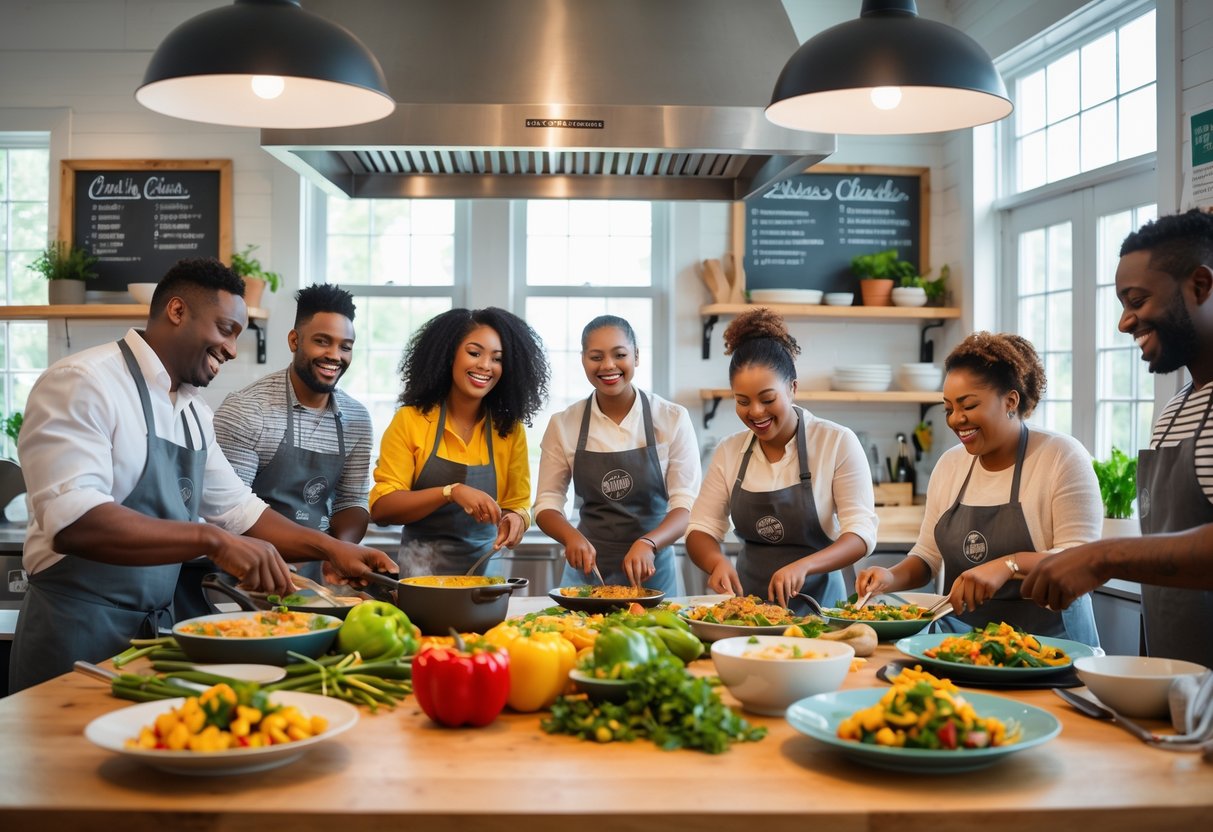 Couples and friends cooking together in a bright kitchen classroom, preparing meals and enjoying the activity.