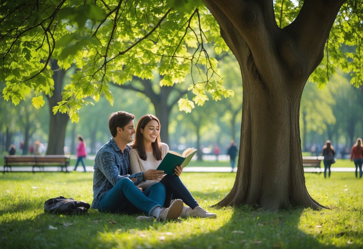 A young couple sitting under a tree in a park, reading poetry aloud together.