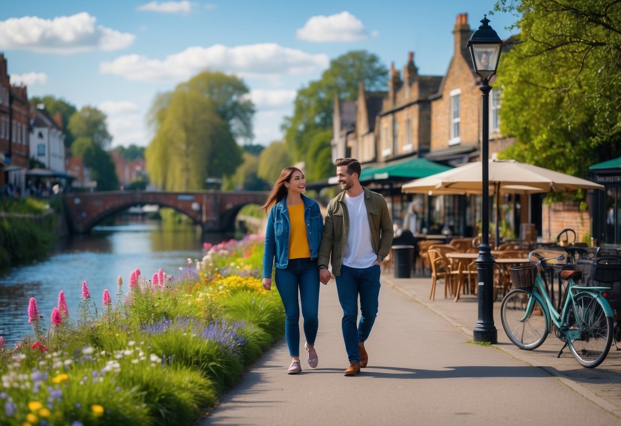 A young couple walking hand-in-hand along a riverside path in Chelmsford with greenery, flowers, and historic buildings in the background.