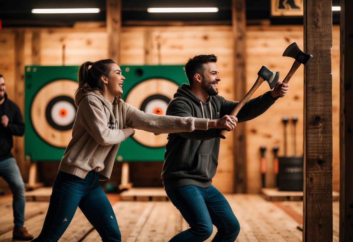 A young couple enjoying axe-throwing together indoors at Axt Haus in Chester, UK.