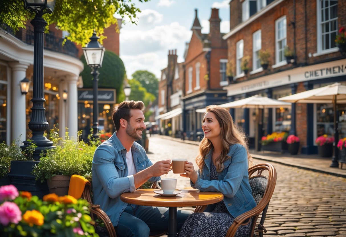 A young couple enjoying coffee at an outdoor café in a sunny Cheltenham town square with historic buildings and greenery around them.