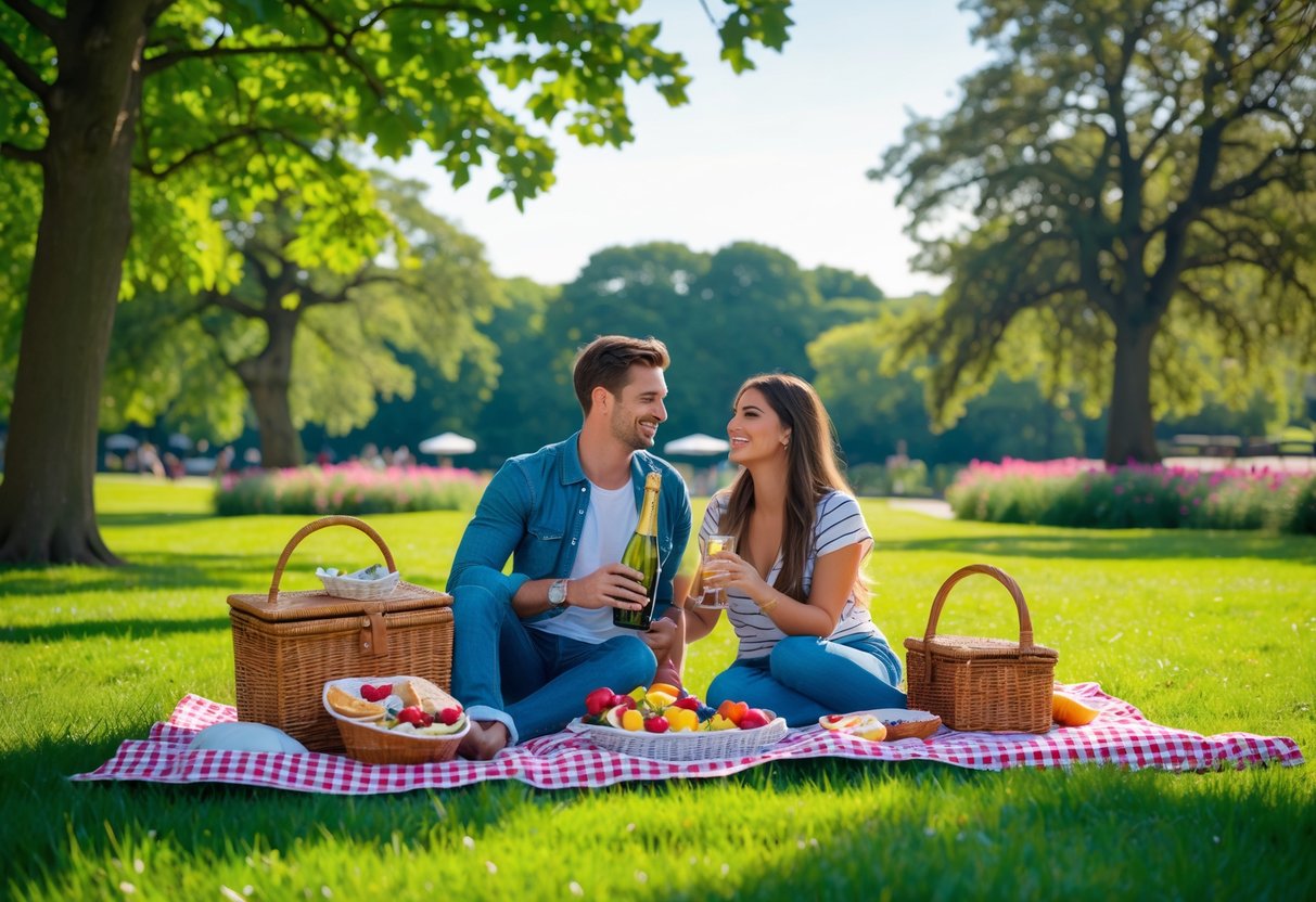 A young couple enjoying a picnic on a blanket in a green park with trees and flowers.