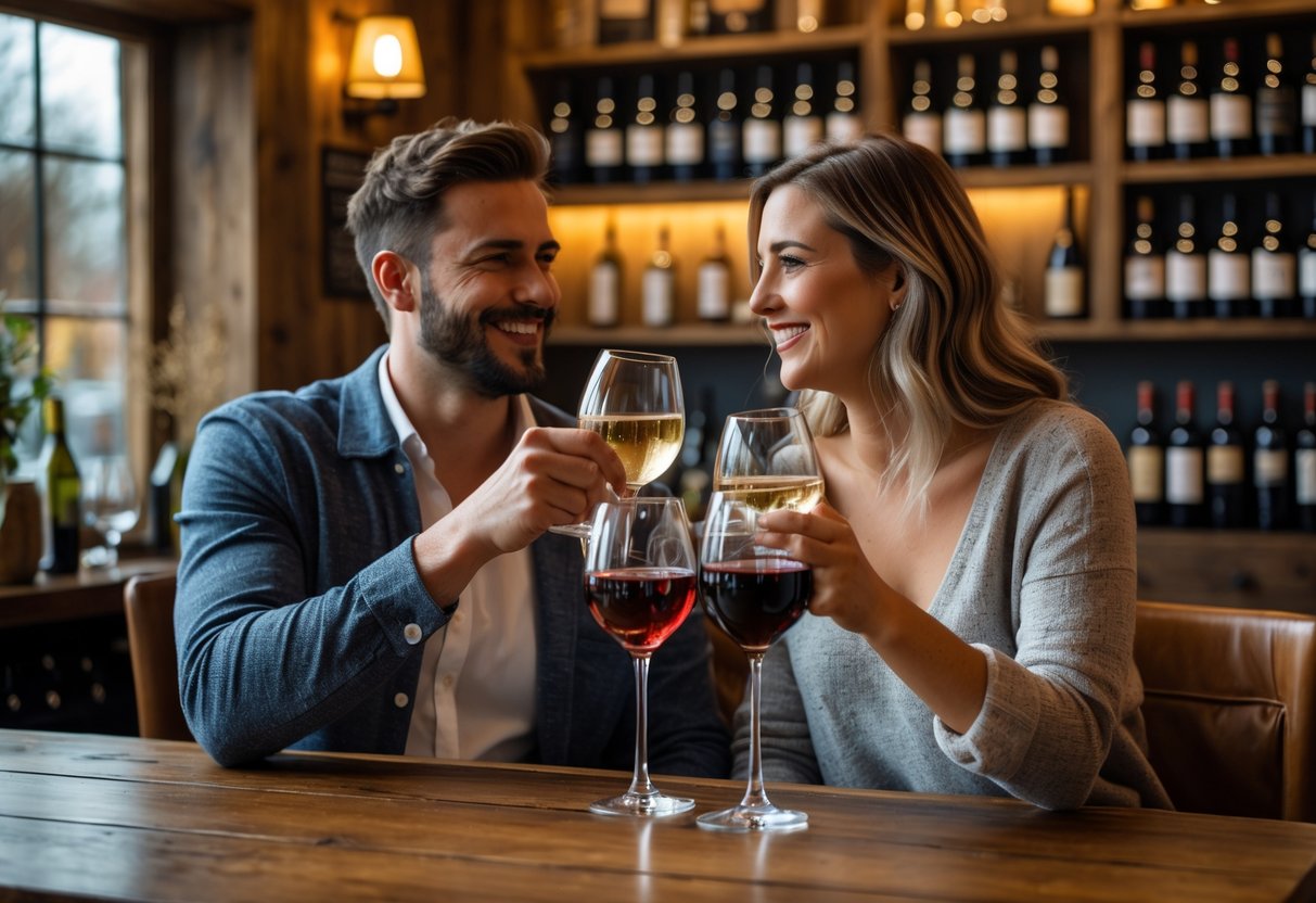 A couple enjoying wine tasting together at a cozy wine bar with wooden tables and shelves of wine bottles.