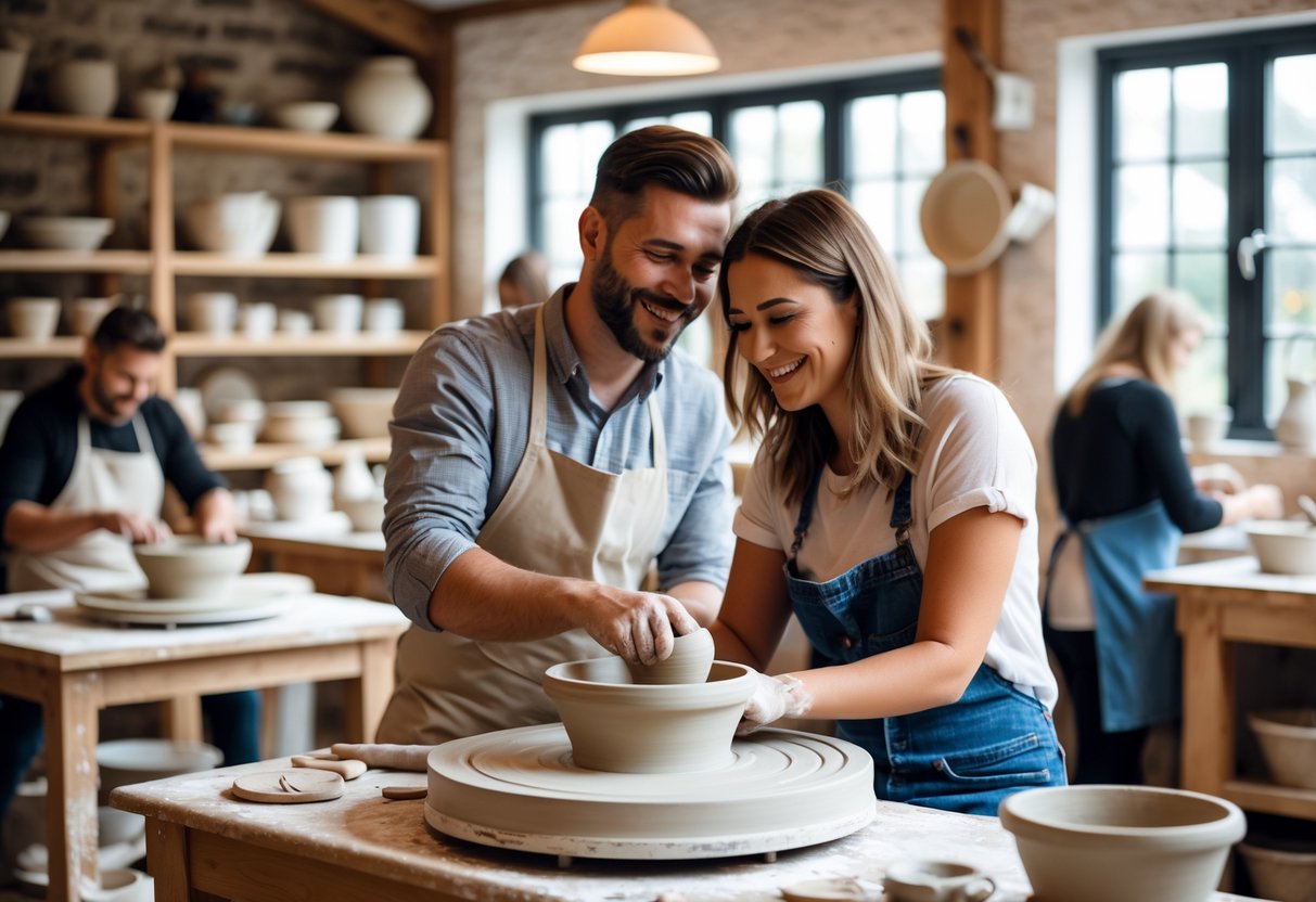 A couple shaping clay on pottery wheels together in a bright pottery studio.