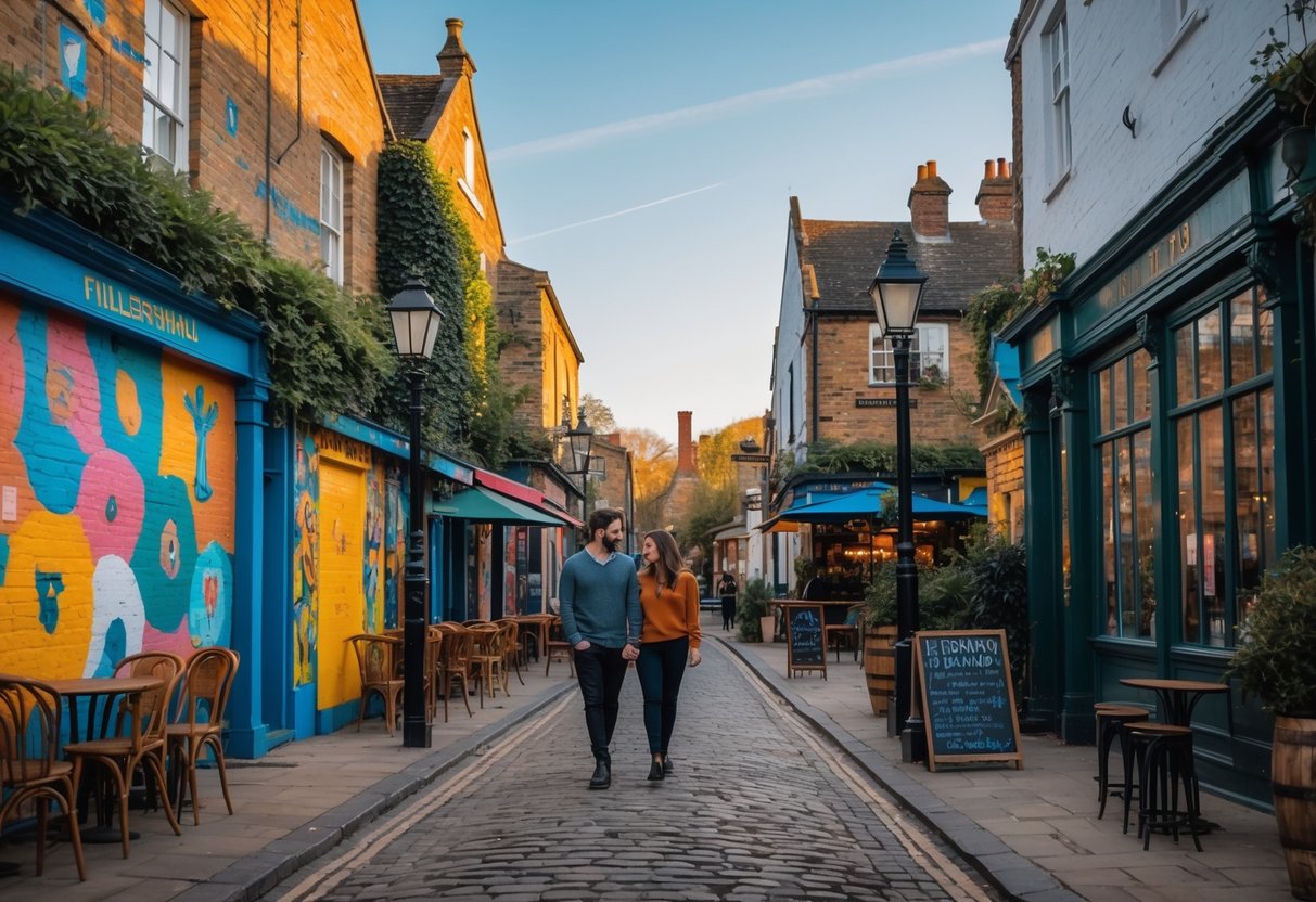 A couple walking hand-in-hand along a cobblestone street lined with colorful street art murals and outdoor cafes in Cheltenham.
