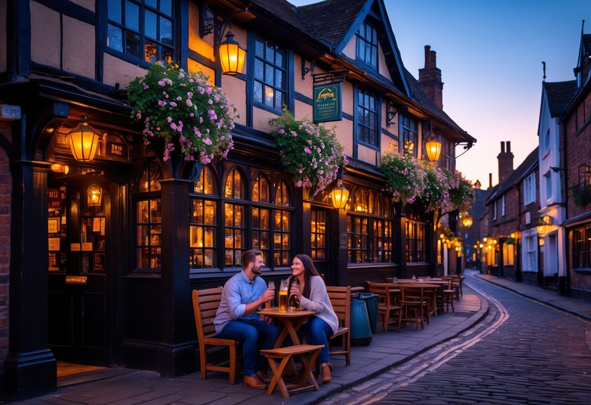 A couple enjoying drinks outside a historic pub on a cobblestone street in Chester, UK at sunset.