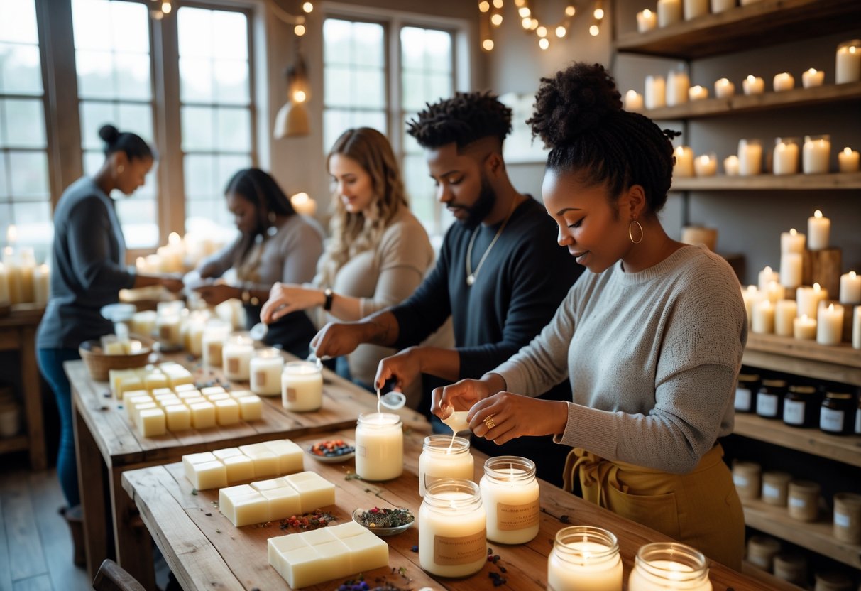 People making candles together in a warmly lit workshop filled with candle making supplies and finished candles on shelves.