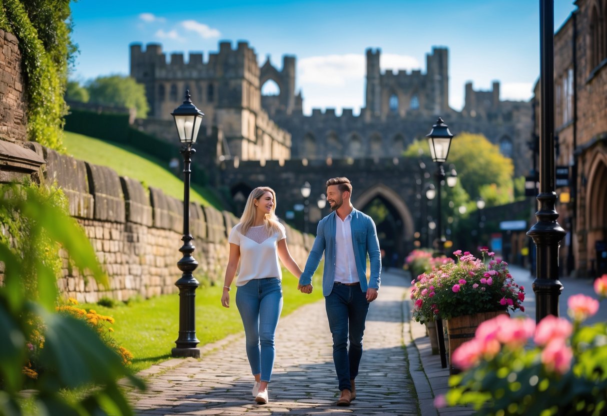 A couple walking hand in hand along a cobblestone path near historic city walls and greenery in Chester, UK.