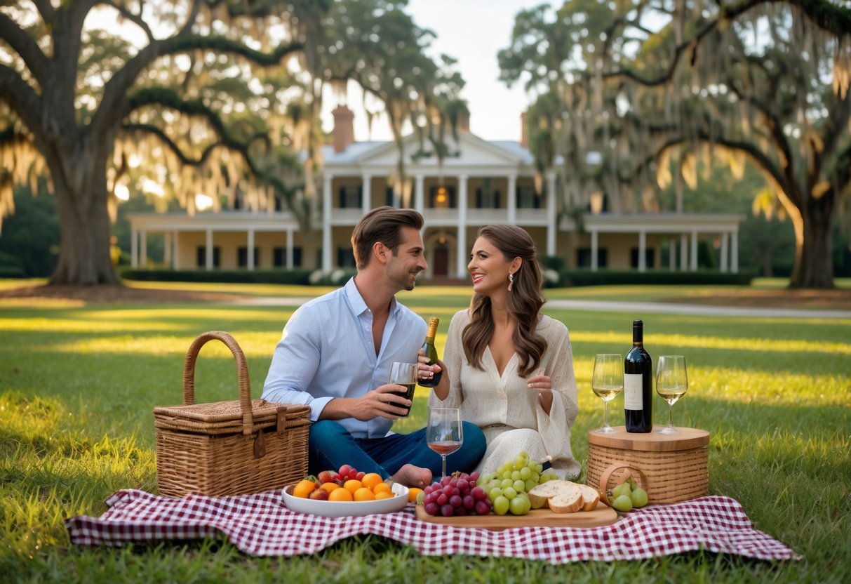 A couple enjoying a picnic on a blanket under oak trees with Spanish moss at Boone Hall Plantation, with the historic house visible in the background.