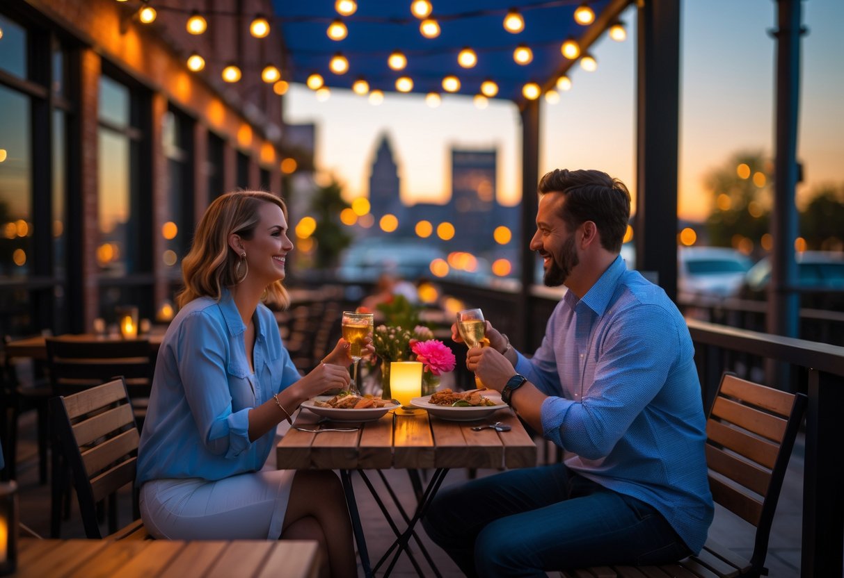 A couple enjoying a romantic dinner on an outdoor patio in Kansas City with city landmarks visible in the background.