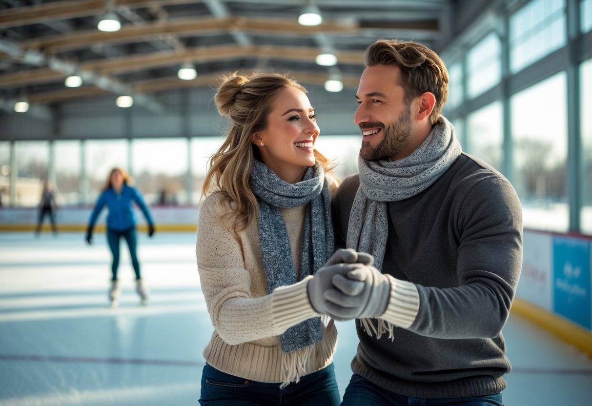 A couple ice skating together inside an indoor ice rink at Oakbrook Ice Arena.