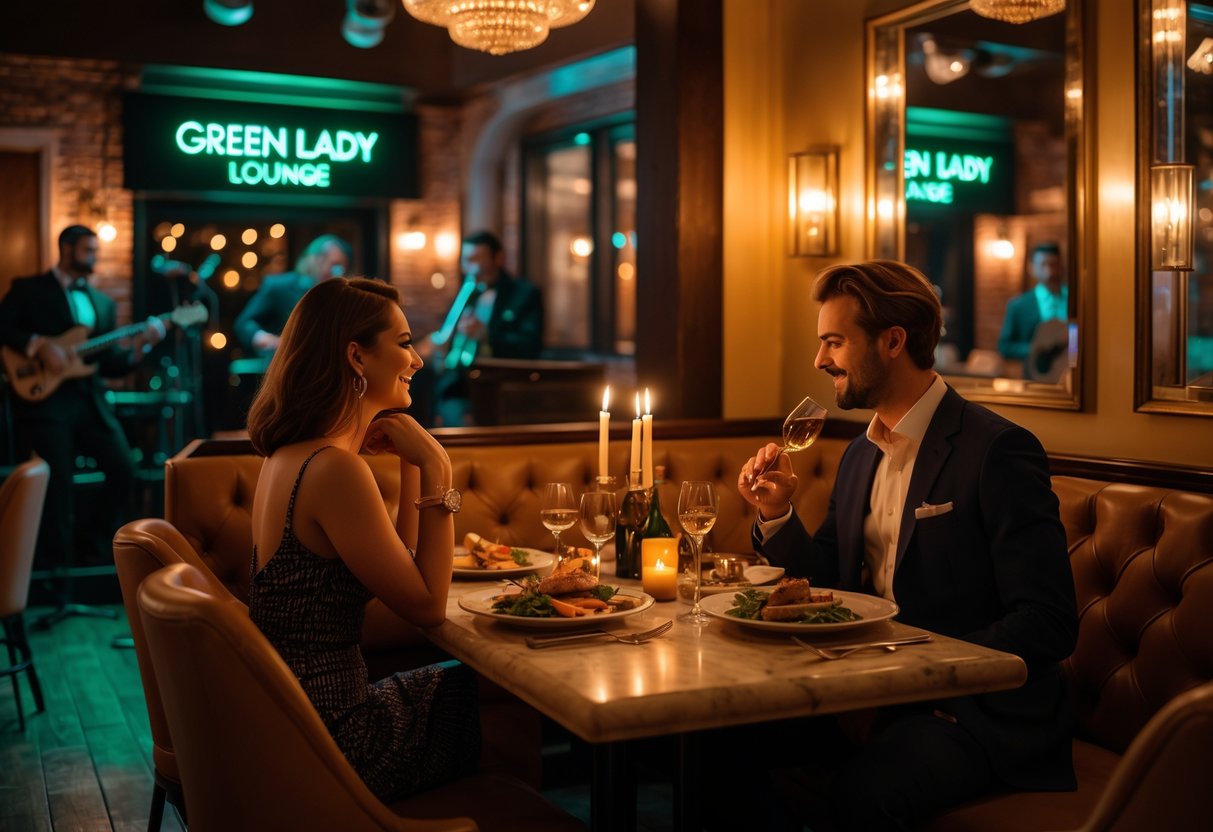 A couple enjoying a romantic dinner at a cozy jazz lounge with a live band playing in the background.