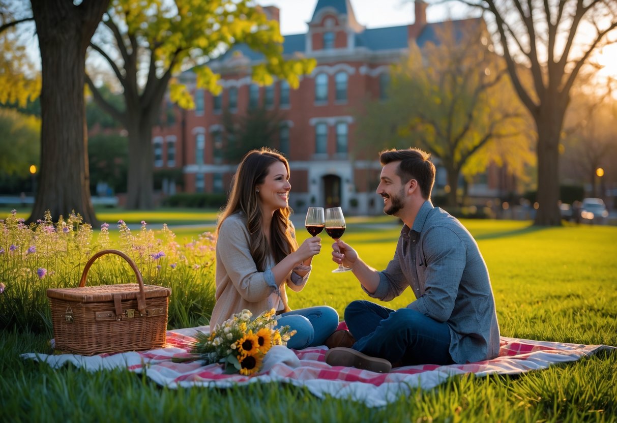 A young couple enjoying a picnic together in a green park with flowers and trees in Champaign, Illinois.