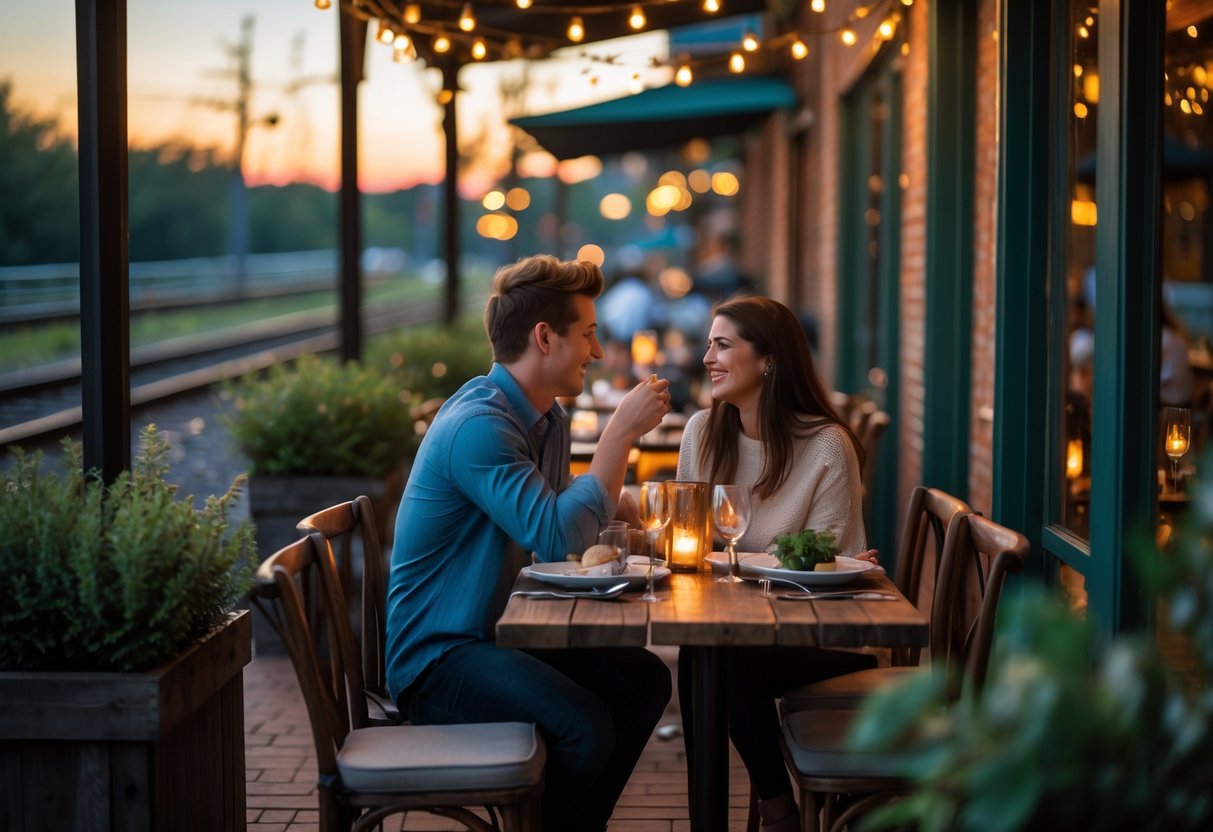A young couple enjoying a romantic dinner at an outdoor bistro near railroad tracks in the early evening.