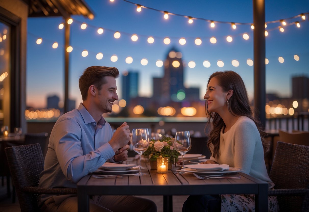 A young couple enjoying an outdoor dinner together at a restaurant patio with the Kansas City skyline visible in the background at dusk.