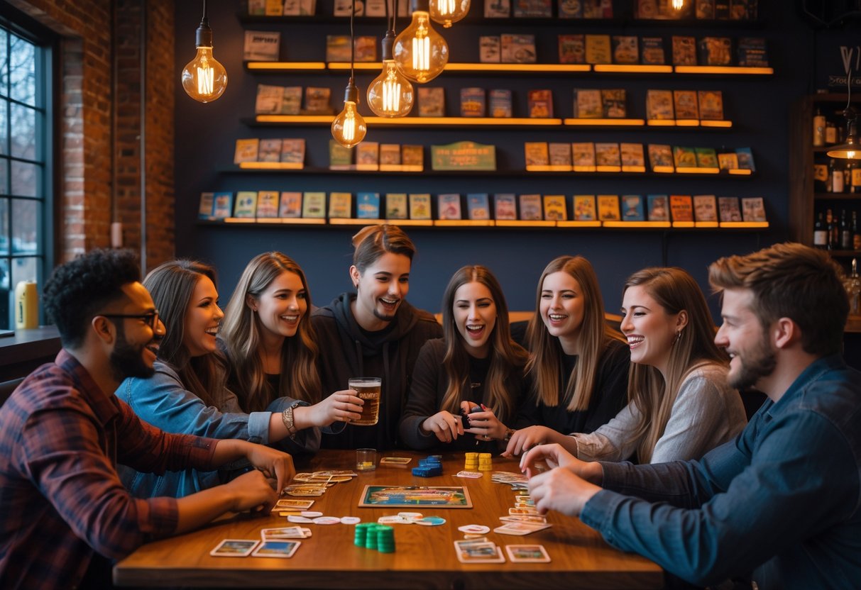 A group of young adults playing board games and enjoying drinks together inside a cozy game tavern.