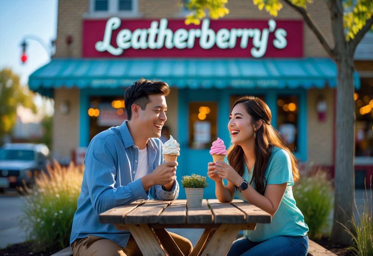 A young couple enjoying ice cream together at an outdoor picnic table in front of an ice cream shop.