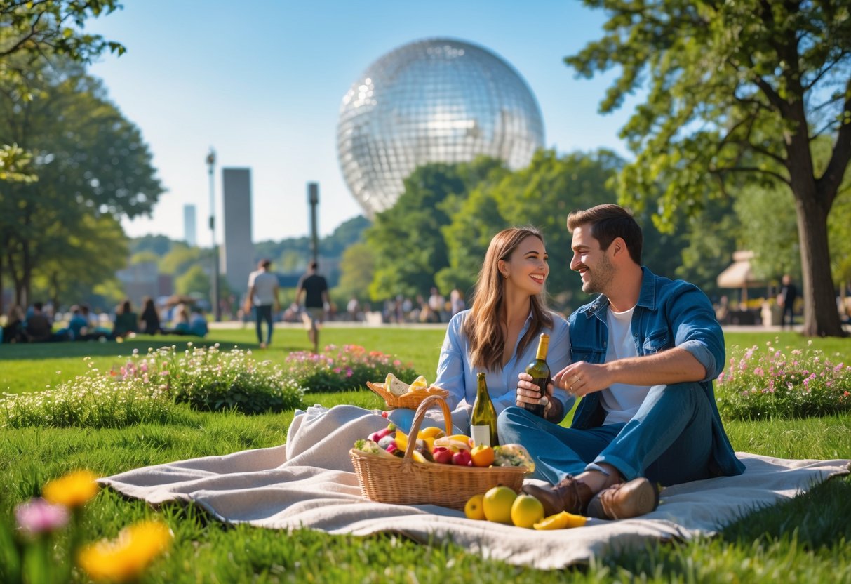 A couple enjoying a picnic on a blanket in a green park with trees and the Sunsphere tower in the background.