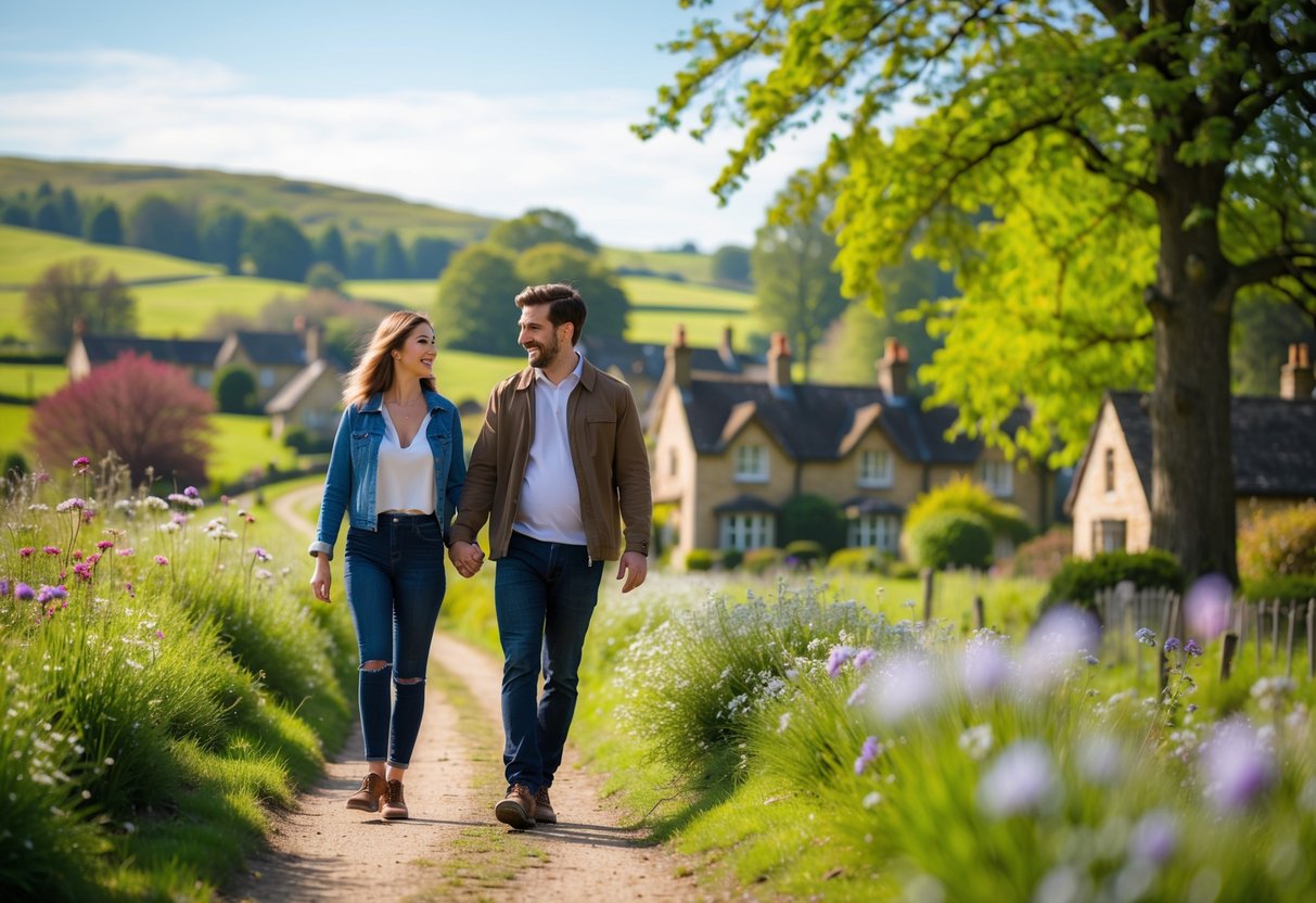 A young couple walking hand-in-hand along a countryside path with wildflowers and trees in Kent.