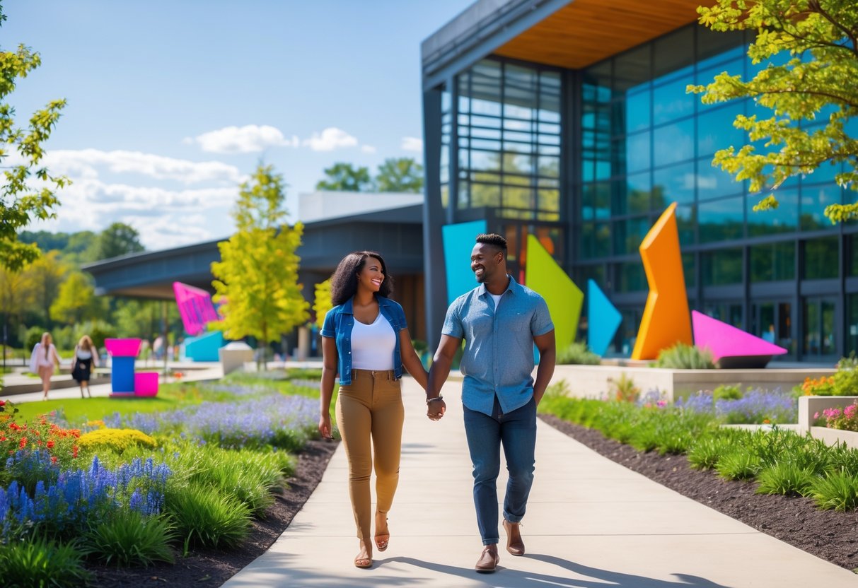 A couple walking hand-in-hand outside the Knoxville Museum of Art on a sunny day surrounded by modern architecture and greenery.