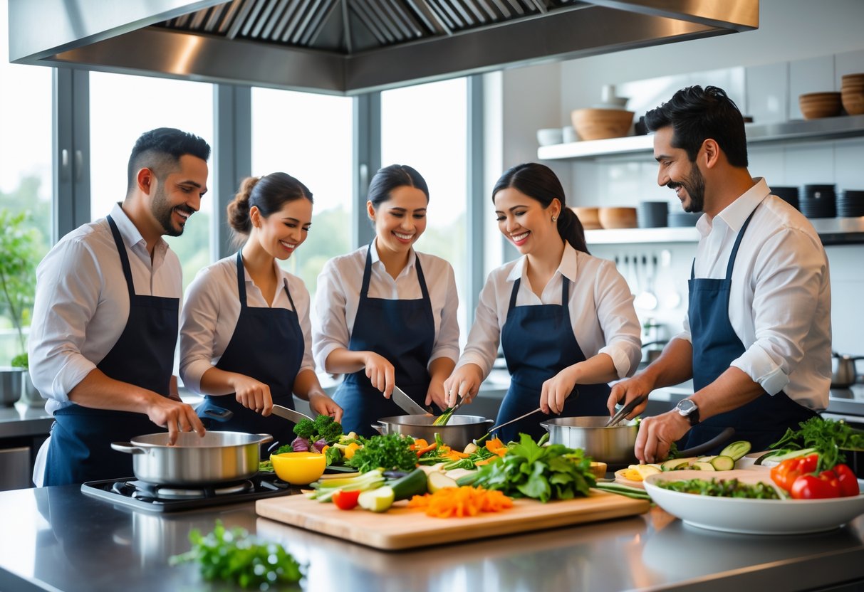 Couples cooking together in a bright kitchen classroom, preparing food and smiling.