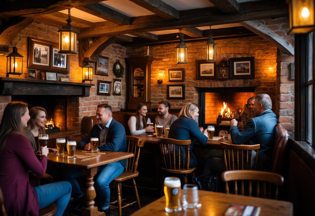 Interior of a cozy pub with wooden beams, a fireplace, and people enjoying drinks at wooden tables.
