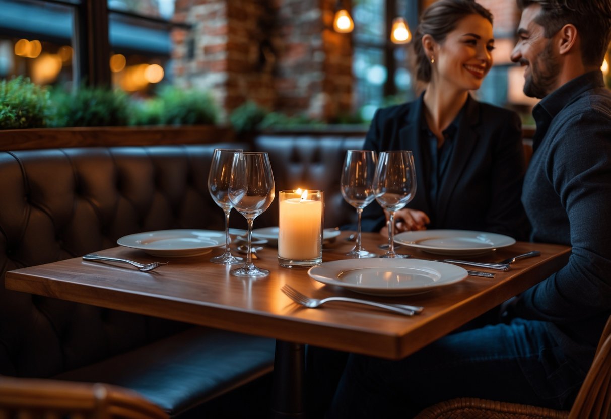 A couple enjoying a candlelit dinner at a small table in a cozy local bistro.