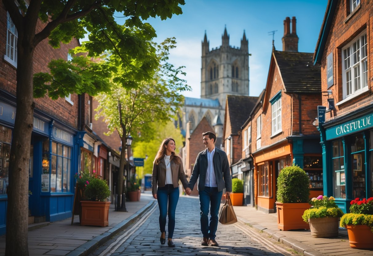 A young couple walking hand in hand on a cobblestone street in Canterbury with historic buildings and trees around them.