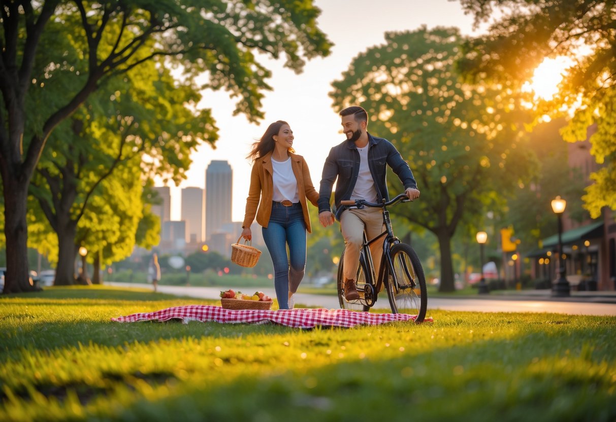 A couple enjoying a picnic in a sunny park with trees and a city skyline in the background.