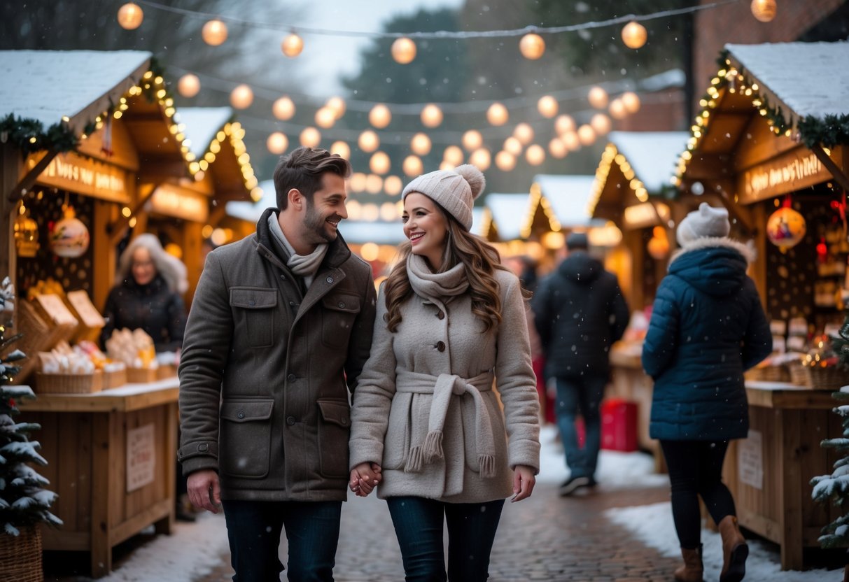 A couple walking hand in hand through a festive Christmas market in winter with snow falling and decorated stalls around them.