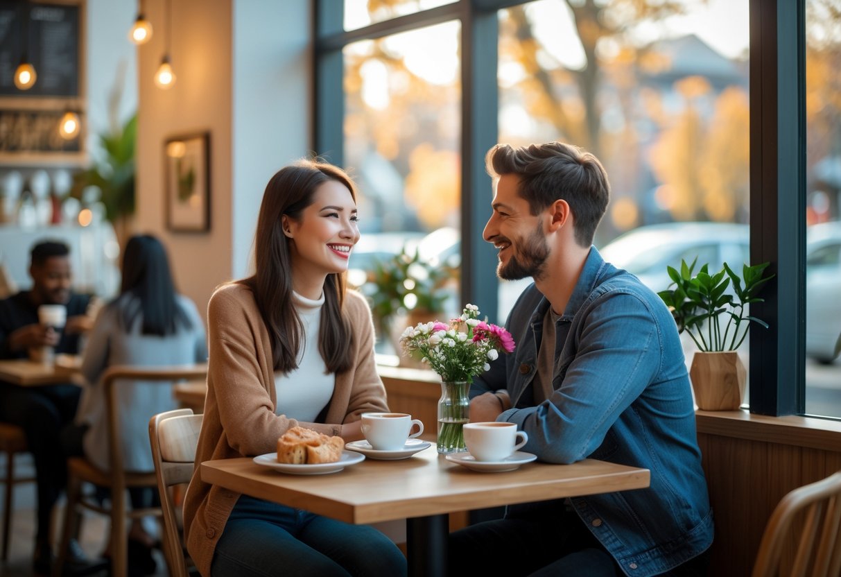 A young couple sitting at a small table in a café, enjoying coffee and pastries while smiling and talking.