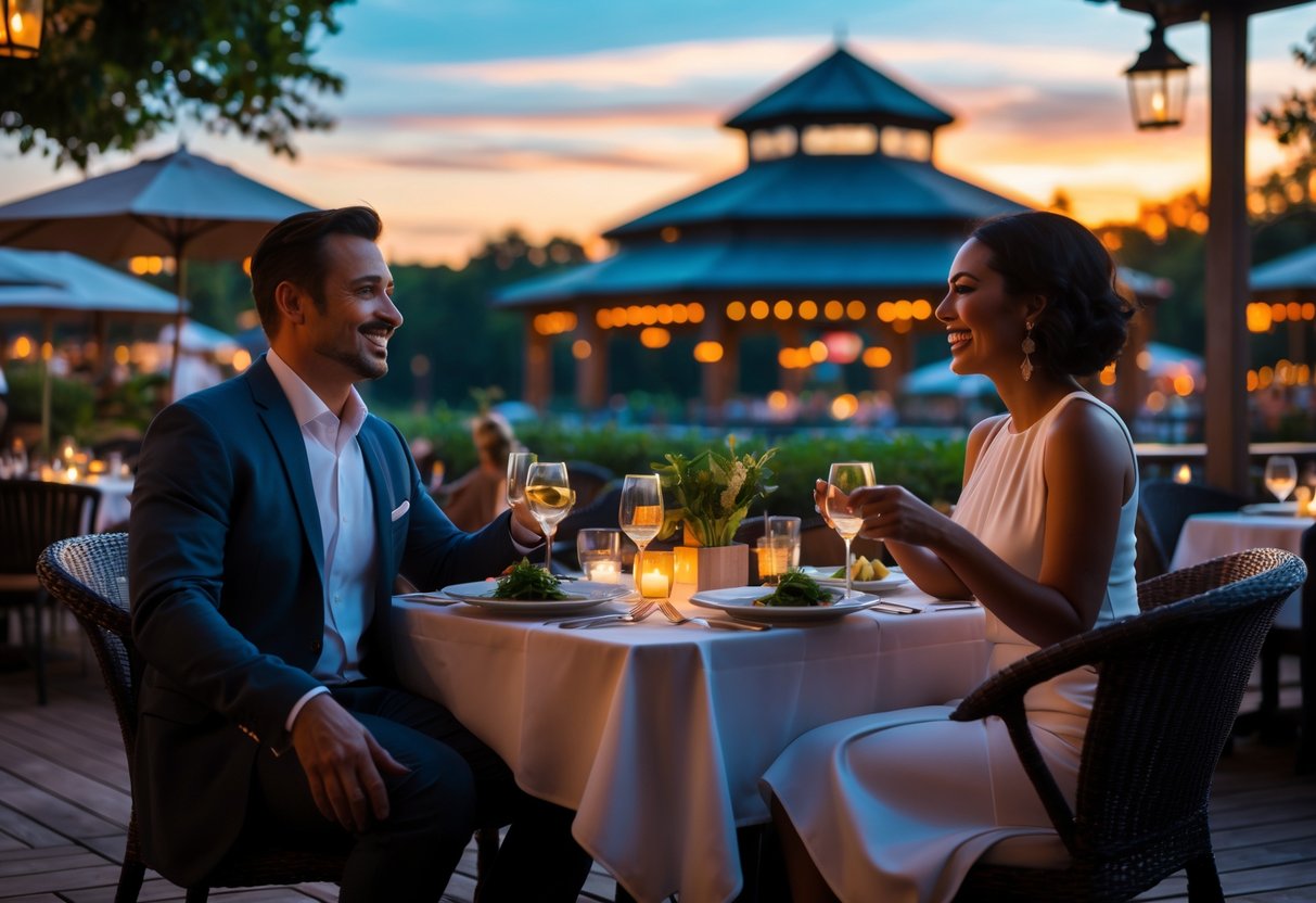 A couple enjoying a romantic dinner outdoors at a restaurant near Merriweather Post Pavilion in Columbia, Maryland.