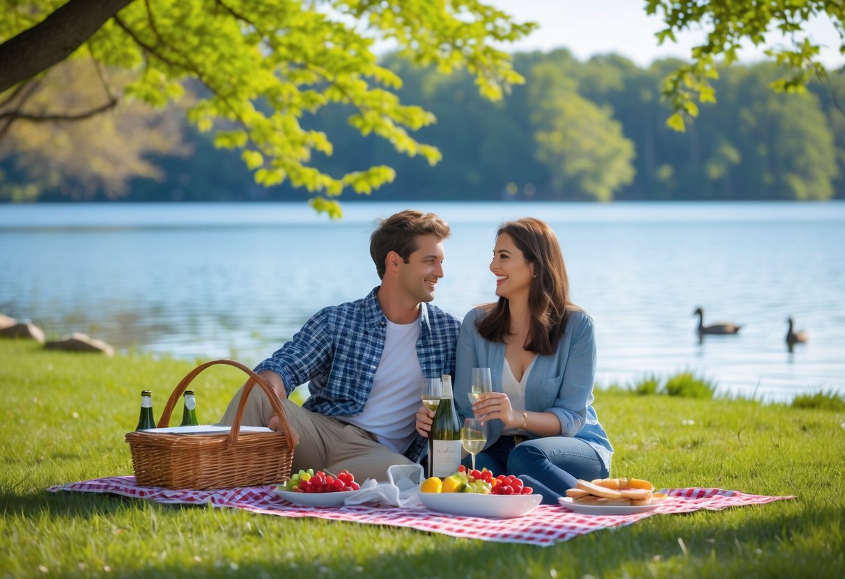 A young couple enjoying a picnic on a blanket by a lake surrounded by trees and grass.
