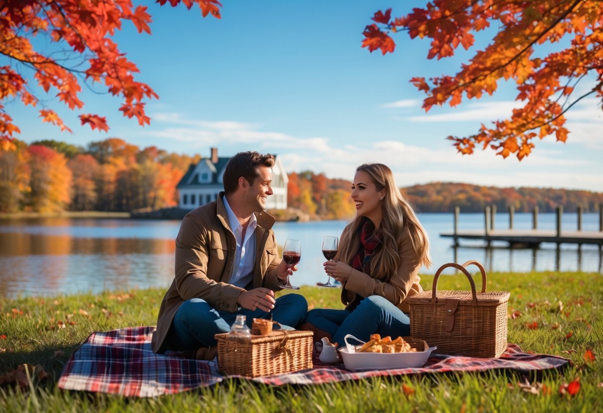 A young couple having a picnic by a lake surrounded by colorful autumn trees and a wooden dock in Connecticut.