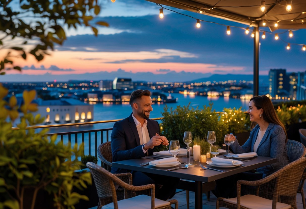 A couple enjoying a dinner on an outdoor terrace overlooking the city of Cork at sunset.
